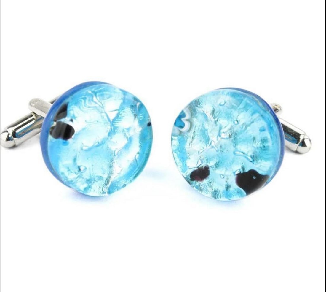 Sky Elegance Round Light Blue Murano Glass Cuff Links (1 of 2)