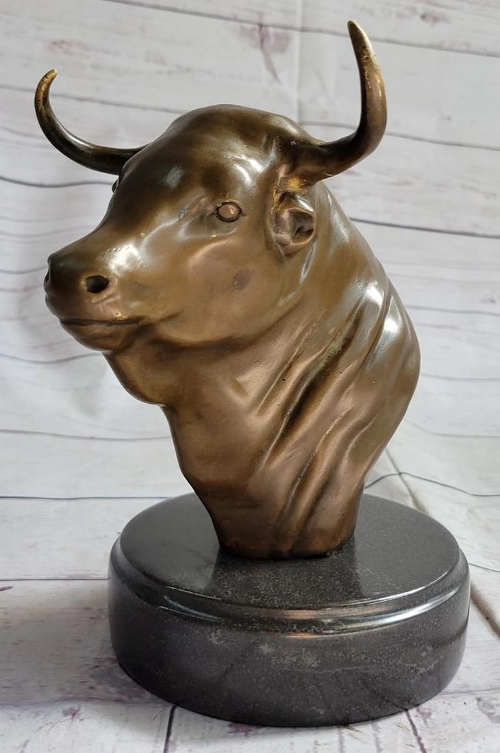 Original Bull Head Bronze  Bust Sculpture On Marble Base Signed Miguel Lopez - 6lbs (1 of 10)