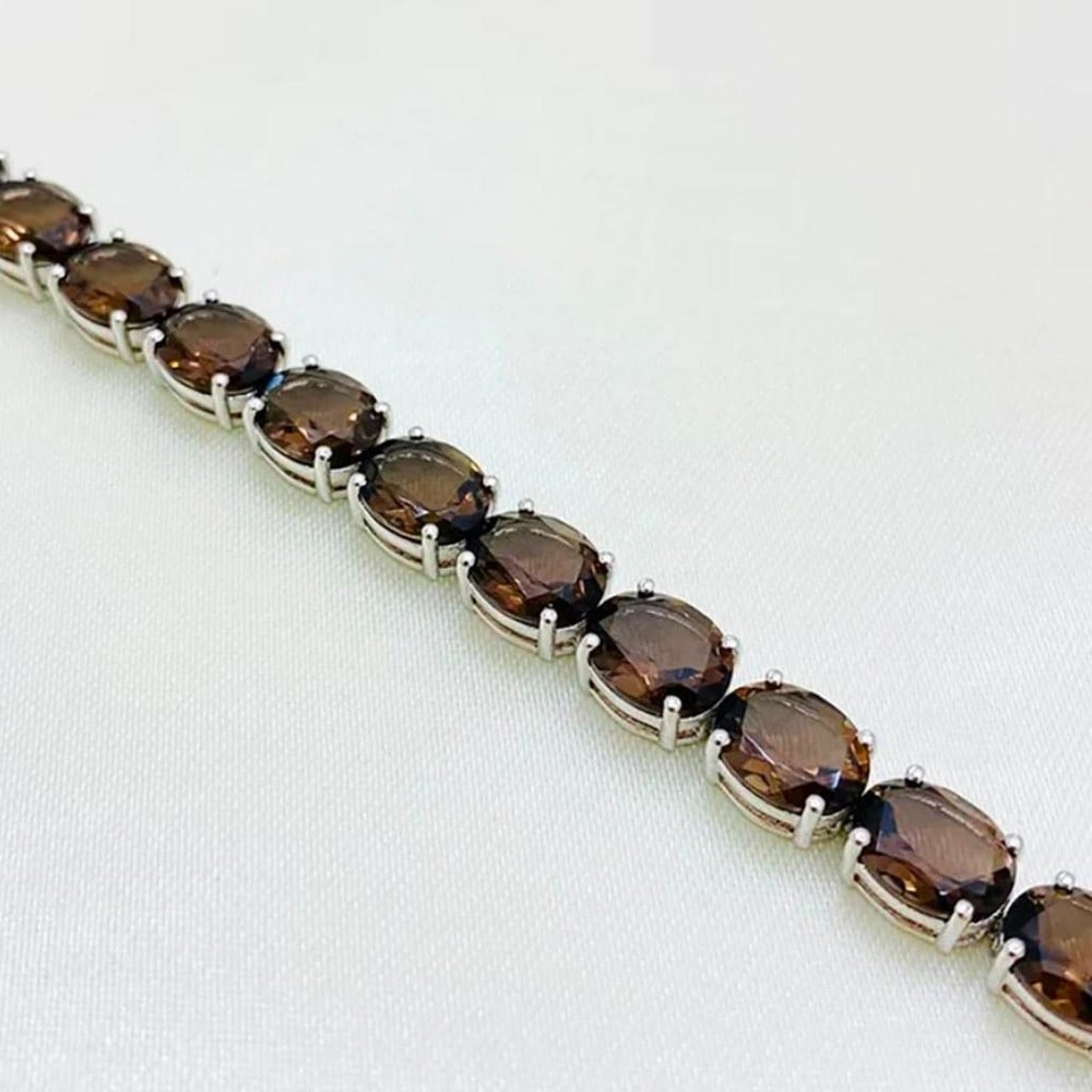 925 Sterling Silver Bracelet Studded with Smoky Quartz Faceted Oval Gems (1 of 2)
