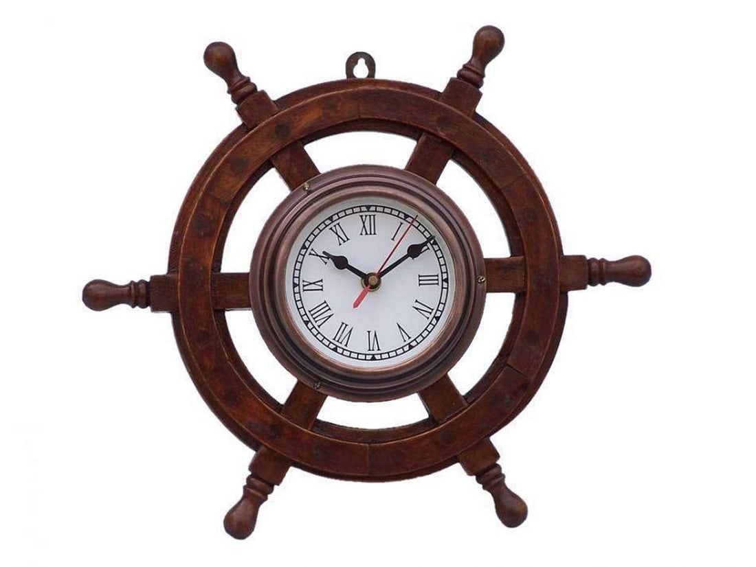 12" Premium Wooden Ship Steering Wheel Clock with Antique Copper Finish: 12" Premium Wooden Ship Steering Wheel Clock with Antique Copper Finish Crafted from rare and robust Shisham wood, renowned for its durability, this decorative ship wheel showcases distinct wood
