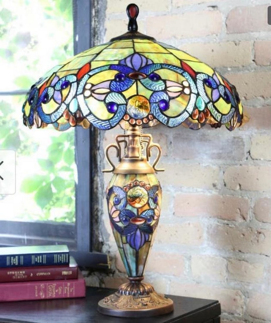 Grand Tiffany-style Stained Glass Victorian Double-lit Table Lamp (1 of 2)