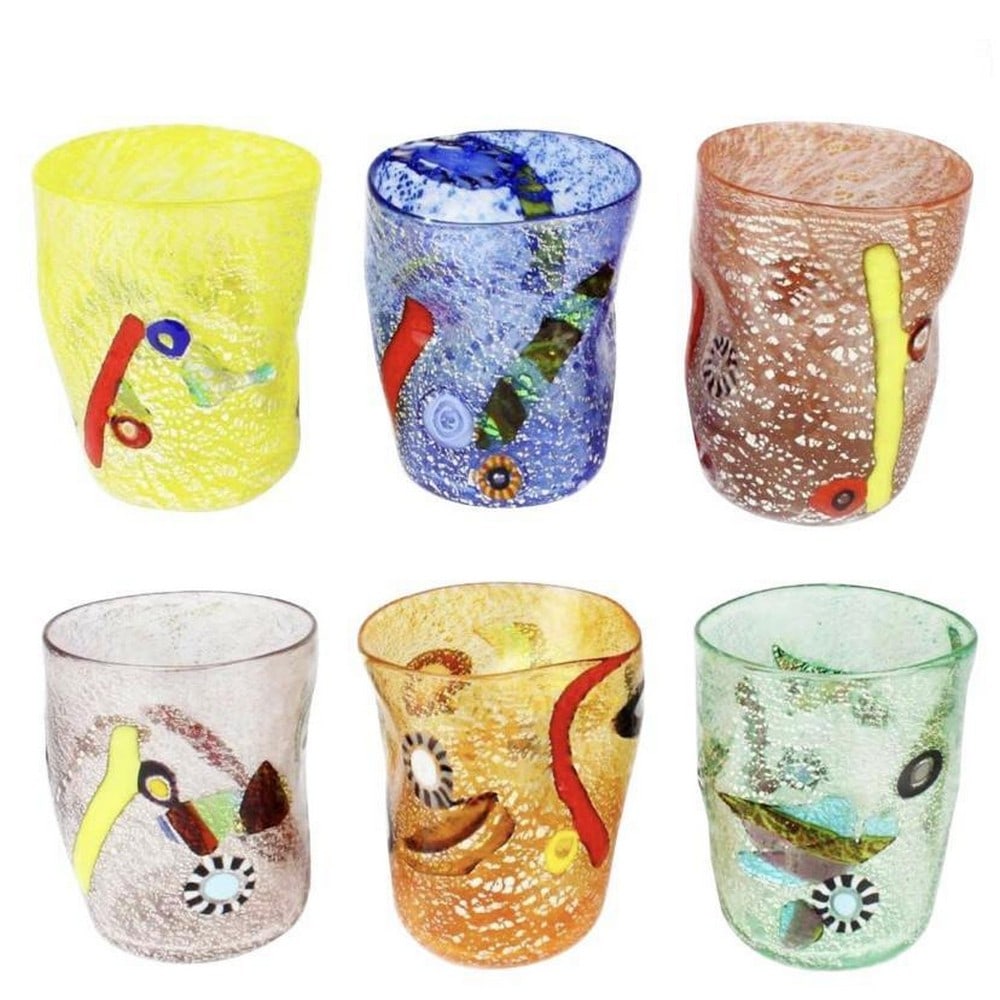 Forbidden Fruit Set Of 6 Murano Drinking Glasses: Forbidden Fruit Set Of 6 Murano Drinking Glasses Stunning set of 6 drinking glasses blown with silver, millefiori, and polychrome millefiori canes. Perfect to impress your guests while serving a good 