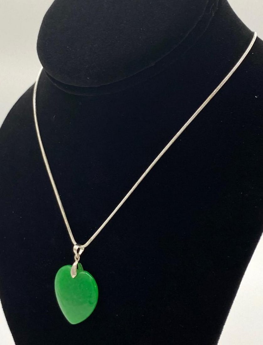 Chinese Green Jade Heart Pendant On 925 Necklace (1 of 3)