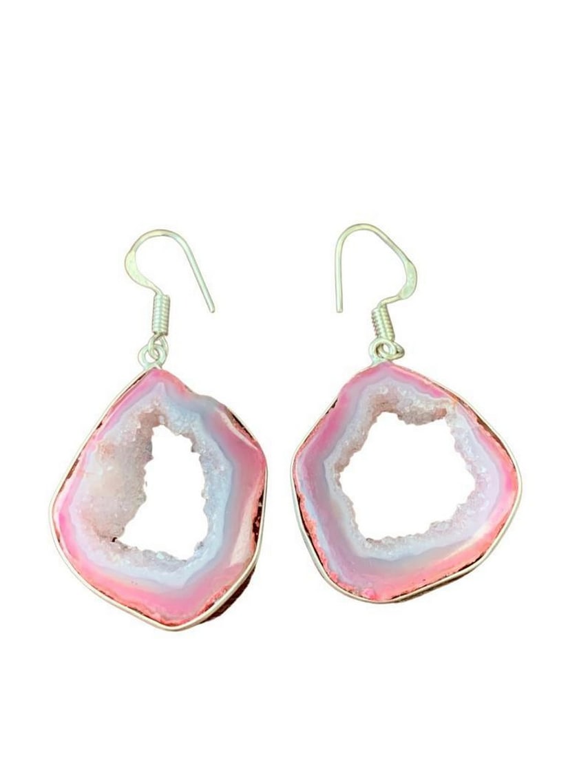 Pink Agate Druzy Gemstone Sterling Silver Plated Earrings (1 of 4)