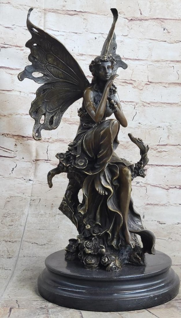 Original Art Nouveau Style Resting Fairy with Wings Bronze Sculpture - 14lbs: A Fairy Flies from Heaven. She hails from from the heavens and fights for the salvation of our world as well as his from darkness of any form. She wears a robe and sandals, carrying a message with her