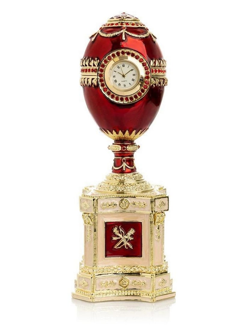 Scarlet Splendor: Fabergé Egg Adorned with a Pearl and Clock Detail (1 of 6)