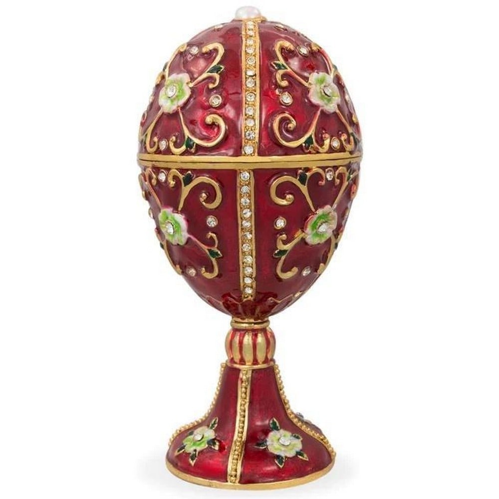 Green Flowers on Red Enamel Royal Faberge Inspired Egg (1 of 2)