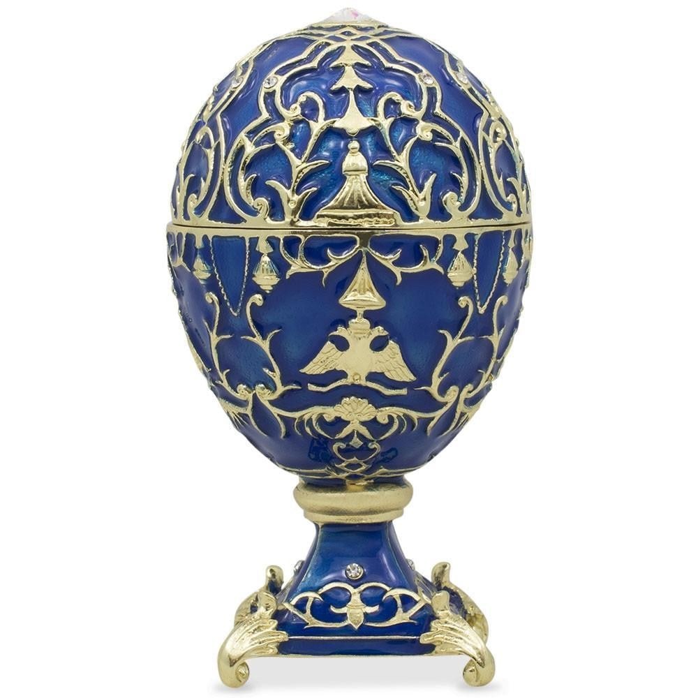 1912 Tsarevich Royal Russian Inspired Egg: 1912 Tsarevich Royal Russian Inspired Egg This sparkling egg is adorned with clear crystals and high-polished enamel with golden trim. It opens on a hinge and has a magnetic closure to keep the box se