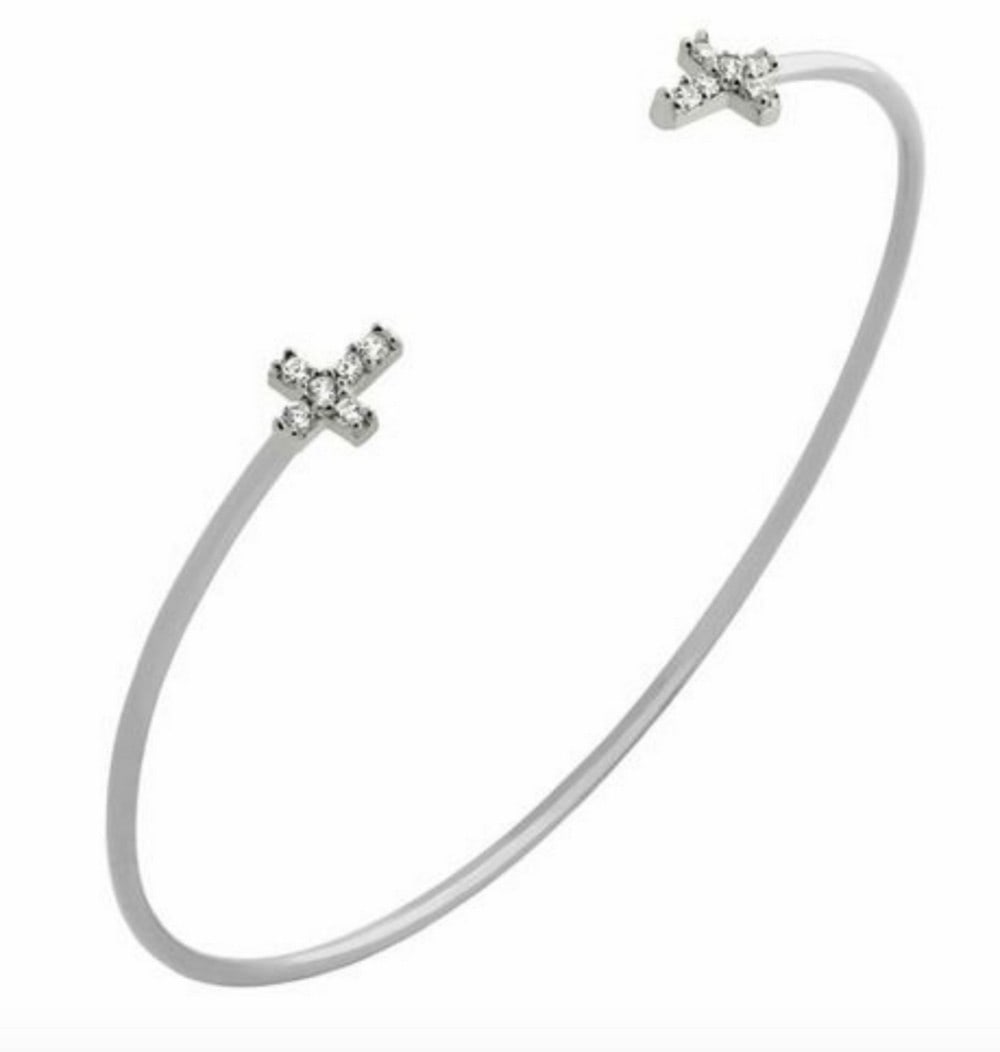 Rhodium Plated 925 Sterling Silver Dainty Bangle with Austrian Crystal Crosses: Rhodium Plated 925 Sterling Silver Dainty Bangle with Austrian Crystal Crosses. Dimensions: 1.5mm bangle; 6mm crystal crosses View Photos for Further Details.