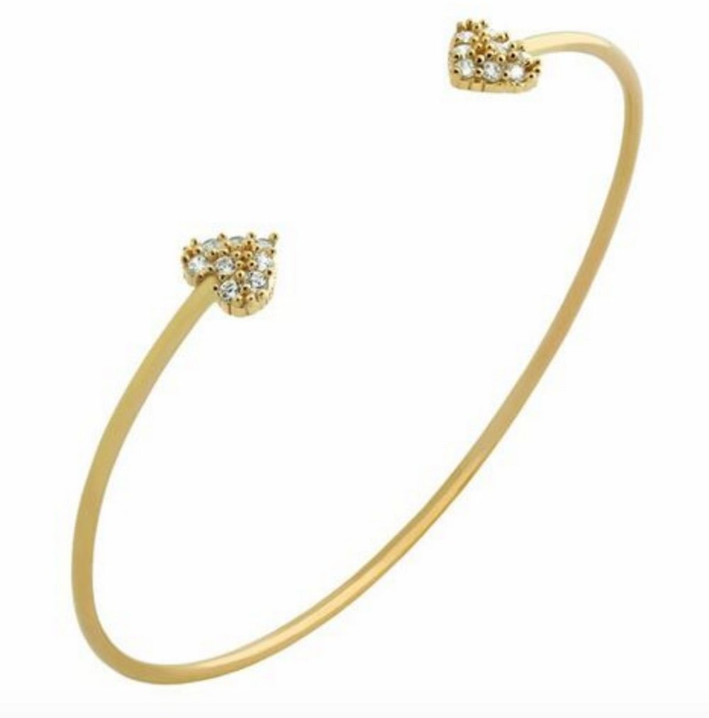 Gold Plated 925 Sterling Silver Dainty Bangle with Austrian Crystal Hearts: Gold Plated 925 Sterling Silver Dainty Bangle with Austrian Crystal Hearts. Dimensions: 1.5mm bangle; 7mm crystal hearts View Photos for Further Details.