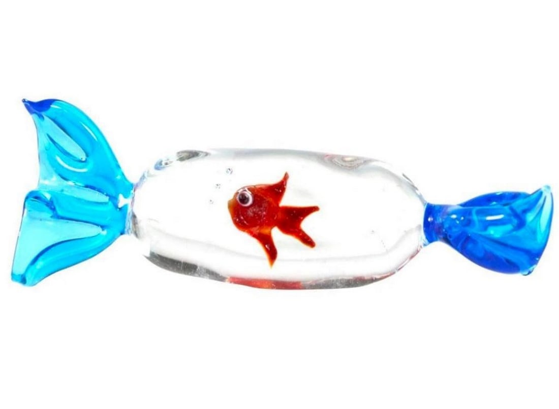 Fish In A Candy Shaped Bag Murano Glass Paper Weight: Fish In A Candy Shaped Bag Murano Glass Paper Weight This murano glass sculpture presents a goldfish swimming about in a candy shaped bag from the aquarium. Dimensions: 3.2" x 1.2" x 1.2"