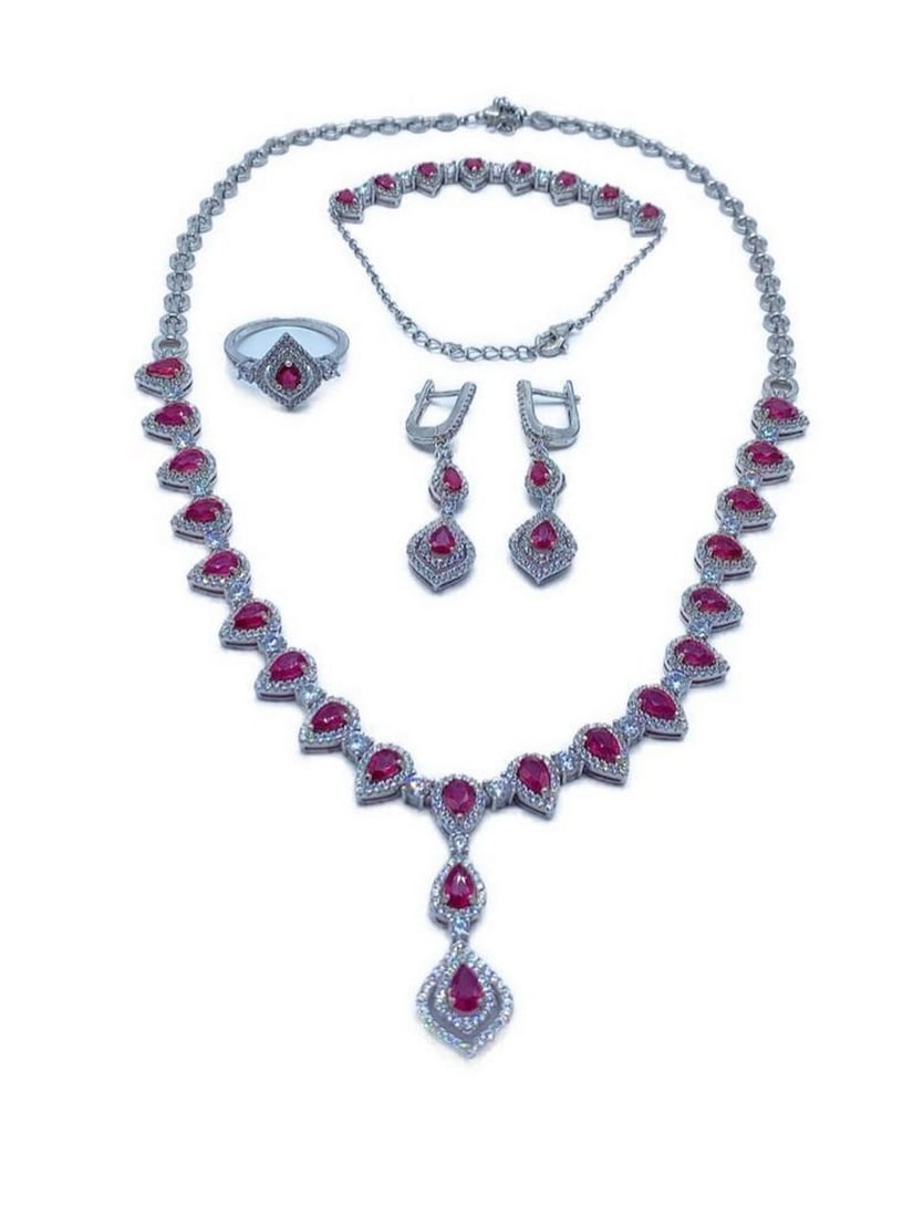 Radical Red Ruby Pears And Austrian Crystal 14K White Gold Plated 925 Sterling Silver Set (1 of 6)