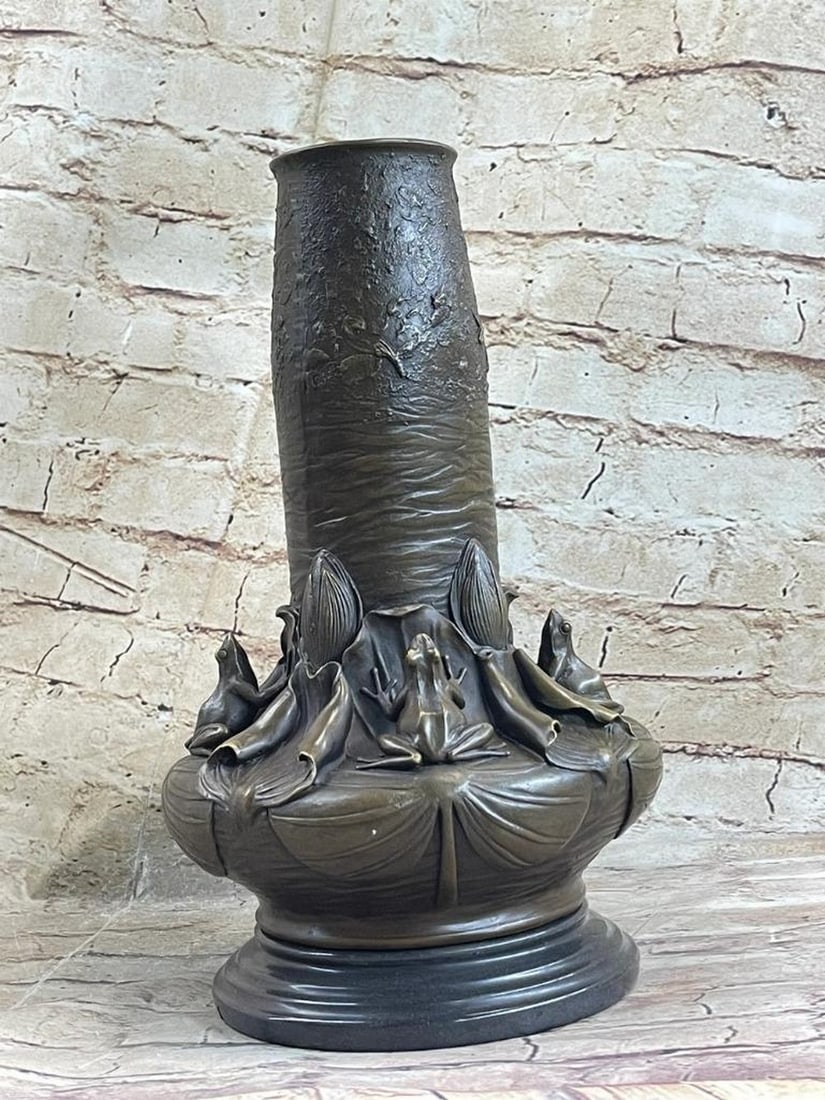 European Design Bronze Lotus Leaf & Frog Statue Brush Pot Vase - 13" x 8" (1 of 6)