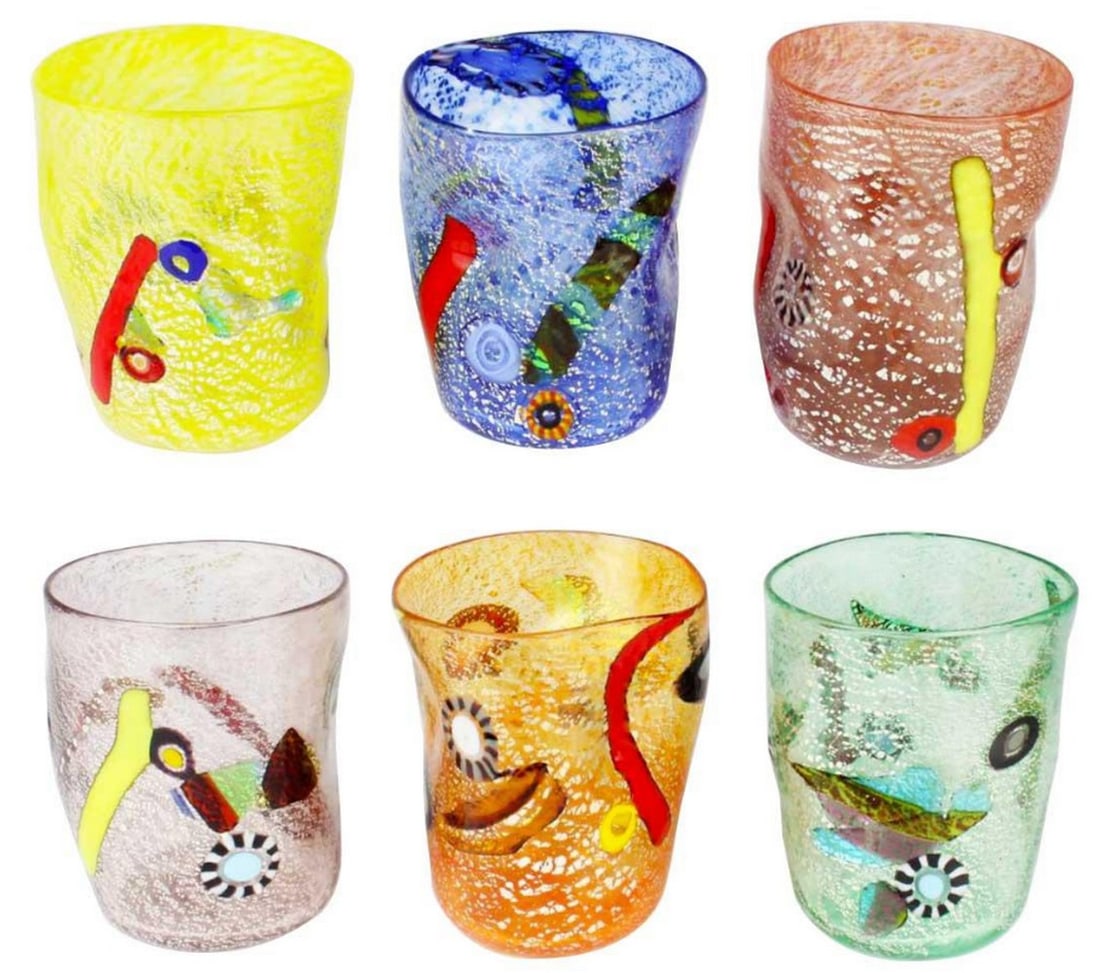 Forbidden Fruit Set Of 6 Murano Drinking Glasses: Forbidden Fruit Set Of 6 Murano Drinking Glasses Stunning set of 6 drinking glasses blown with silver, millefiori, and polychrome millefiori canes. Perfect to impress your guests while serving a good 