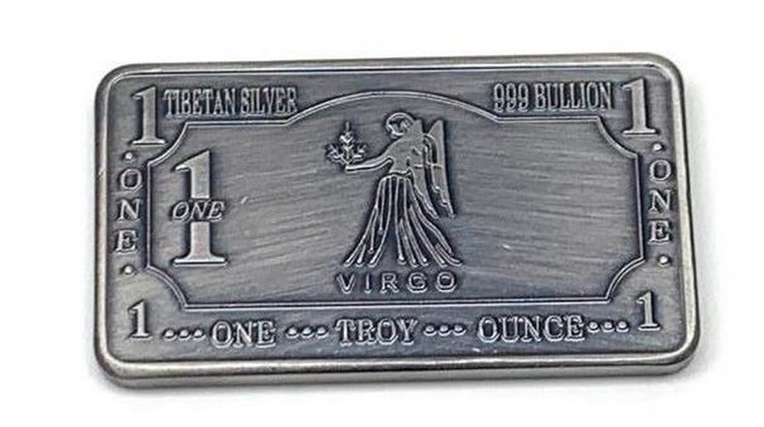 1Troy Ounce Of Tibetan Silver 999 Bullion-Virgo: 1 Troy Ounce of Tibetan Silver 999 Bullion-Virgo Zodiac Sign. This bullion is one of the 12 Zodiac signs. Weighing 32g, 5cm in Length, 2.8cm in Width, 3mm in Thickness. In Greek mythology, Virgo is so