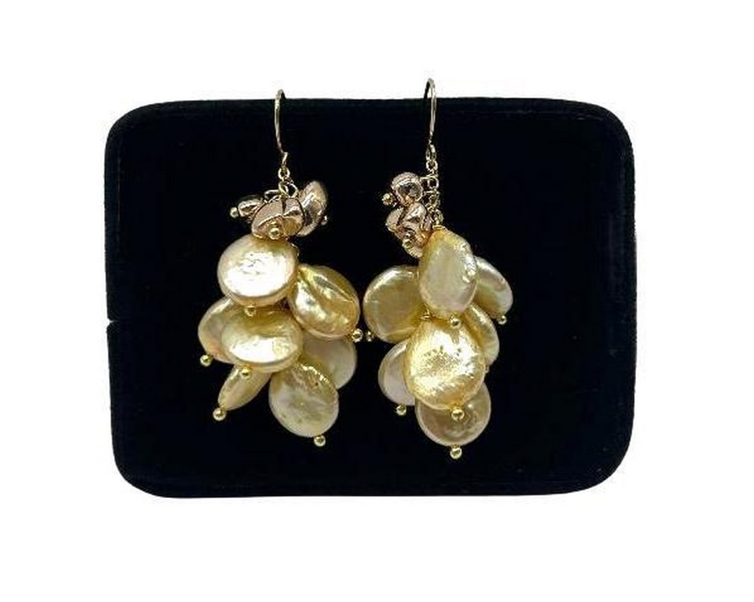 Yellow Coin Pearl Cluster Dangle Earrings: Yellow Coin Pearl Cluster Dangle Earrings Each earring has 7 yellow coin pearls dangling from it. You might think that a coin pearl may be fake by looking at it because of its unusual shape, however,