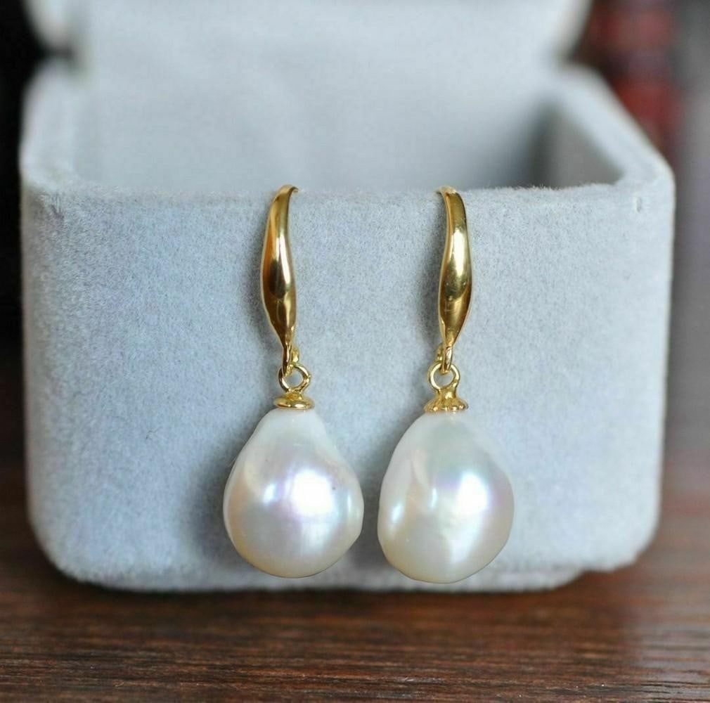 12-10mm South Sea White Baroque Pearl Dangle Earrings in 14K Yellow Gold (1 of 1)