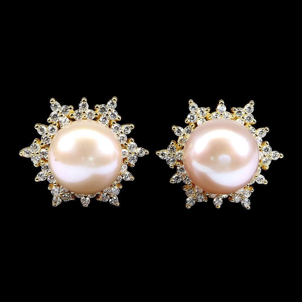 9mm Round Pearl & Simulated CZ Gemstone 925 Sterling Silver Earring Studs (1 of 3)