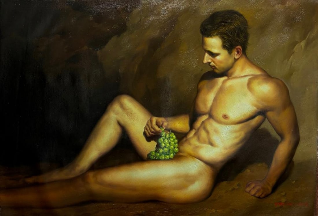 Succulent Vine Lounging Nude Male Original Oil Painting: Succulent Vine Lounging Nude Male Original Oil Painting In this captivating painting, a handsome man reclines against a backdrop of deep, mysterious darkness with warm beige and brown hues. His relax