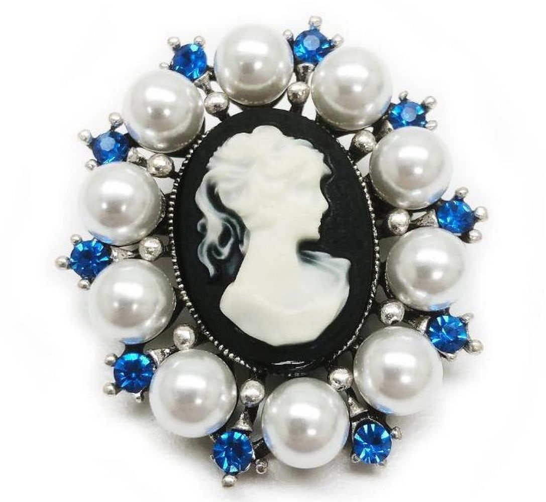Blue Rhinestone And White Pearl Cameo Broach (1 of 3)
