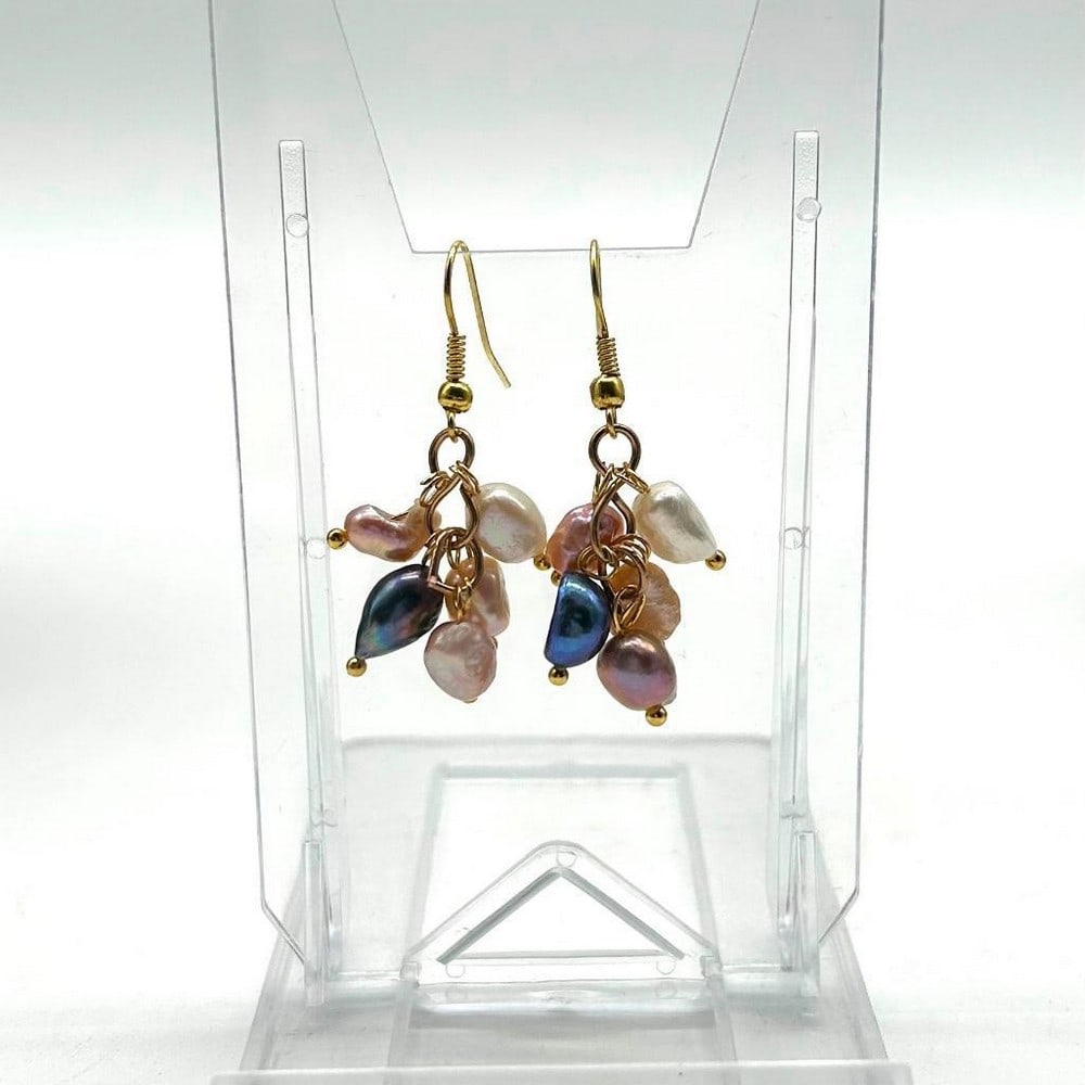 Multi-Colour Pearl Dangle Earrings: Multi-Colour Pearl Dangle Earrings Each earring features 5 multi-coloured baroque pearls. Each pearl is approximately 8mm in size. The pearls are shades of white, pink, purple and blue. These earrings