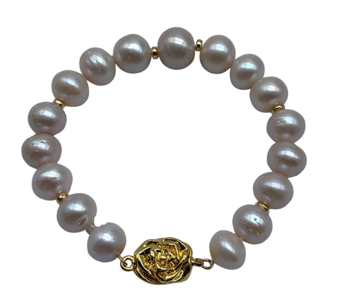 8" Edison Keshi White Luster 14mm Pearl Bracelet With Rose Clasp (1 of 5)