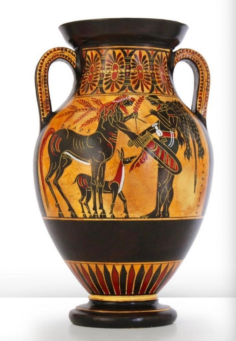 Athena and Heracles Depicted on Black Figure Greek Belly Amphora: Athena and Heracles Depicted on Black Figure Greek Belly Amphora The amphora depicts Goddess Athena one side, and Heracles shaking hand with centaur Pholos on the other side. Black-figure pottery pai