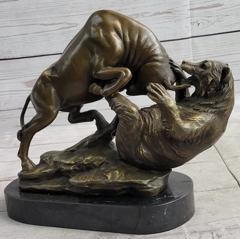 Wildlife Warriors Bull vs. Bear Showdown Bronze Art Sculpture on Marble Base - 9" x 11" (1 of 8)