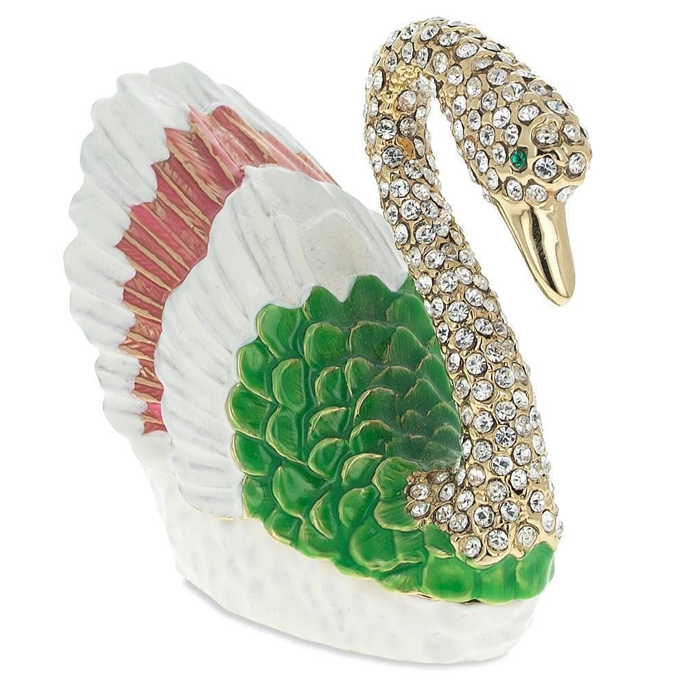 Elegant Swan Jeweled Trinket Box: Elegant Swan Jeweled Trinket Box This trinket box is adorned with clear crystals and high-polished enamel. It opens on a hinge and has a magnetic closure to keep the box securely shut. 2