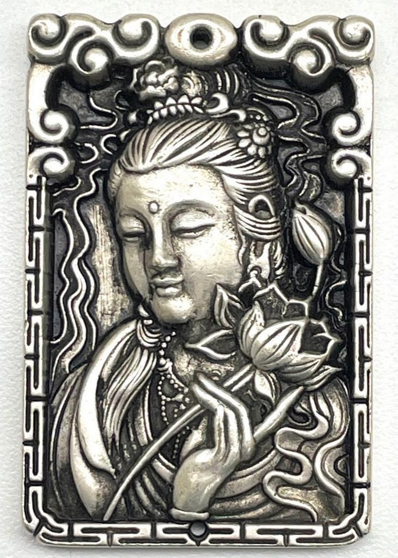 Chinese Ancient Warrior Holding a Blossoming Lotus Tibetan Silver Bar (1 of 3)