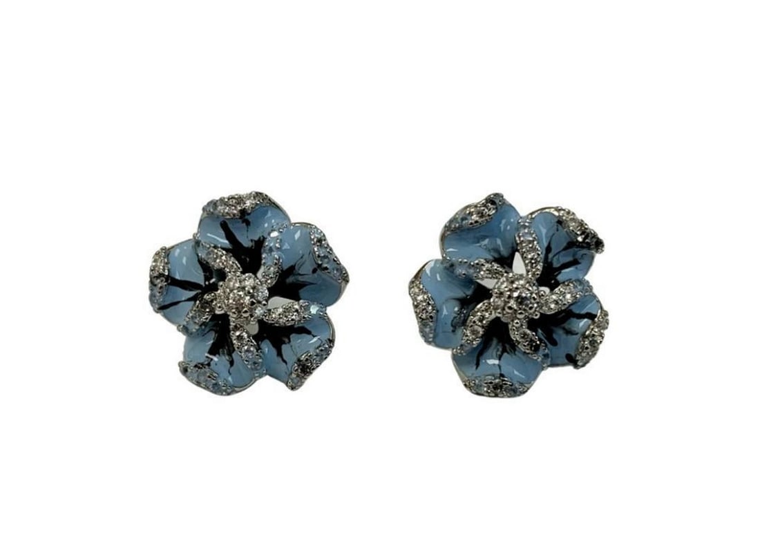 Silver & Austrian Crystal Flower Shaped Stud Earrings Accented With Light Blue Flower Petals (1 of 3)