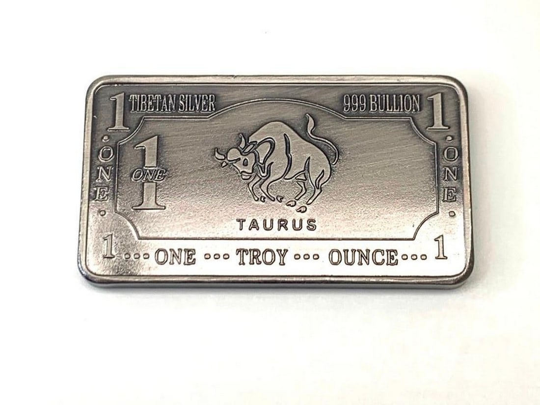 1 Troy Ounce of Tibetan Silver 999 Bullion -Taurus: 1 Troy Ounce of Tibetan Silver 999 Bullion -Taurus Zodiac Sign. This bullion depicts the Bull and is one of the 12 signs of the Zodiac. 31g, 5cm in Length, 2.8cm in Width, 3mm in Thickness. This remar