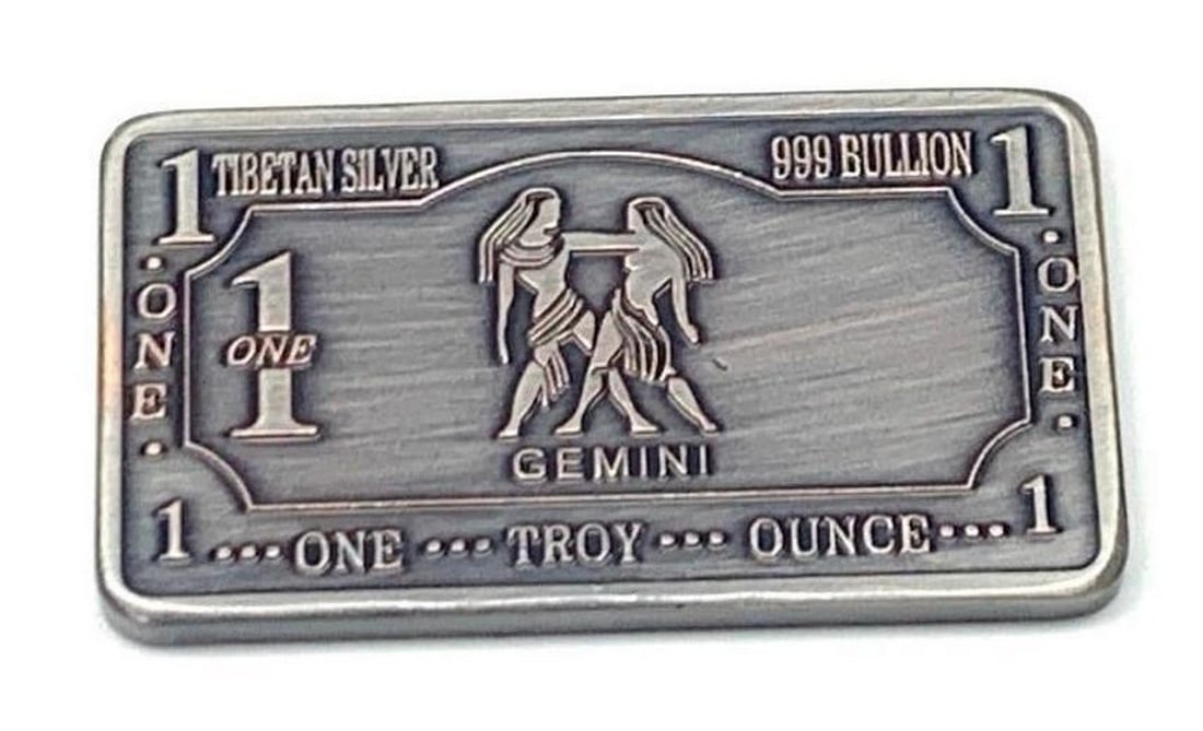 1 Troy ounce of Tibetan silver 999 bullion- Gemini: 1 Troy ounce of Tibetan silver 999 bullion- Gemini Zodiac sign. This bullion depicts the Gemini Twins which symbolizes this Zodiac sign.32g, 5cm in Length, 2.8cm in Width, 3mm in Thickness. Presenting