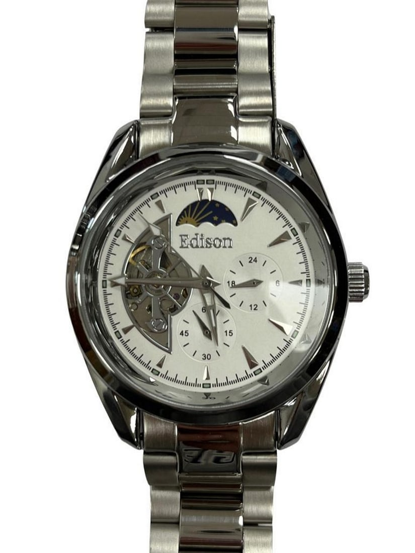 Mens Edison Automatic Quicksilver Gloss Finish & Brushed Stainless Steel Link Skeleton Chronograph (1 of 2)