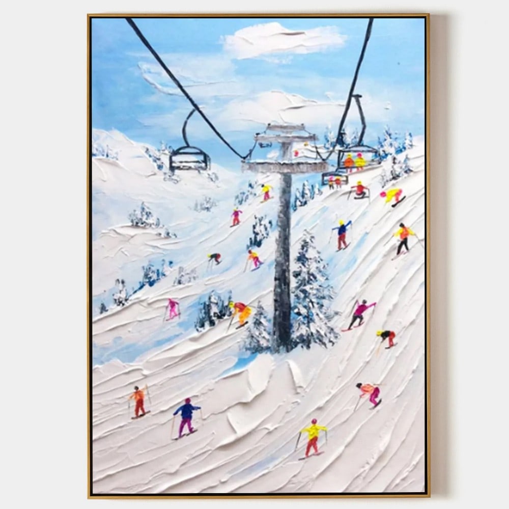 Snow Mountain Skier Textured Plaster Art Canvas Painting (1 of 4)