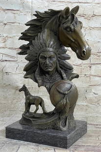 Original Bronze Indian Chief with Horse Bust Signed by Milo - 12" x 9": Original Bronze Indian Chief with Horse Bust Signed by Milo - 12" x 9" Immerse yourself in the exquisite beauty and artistry of this magnificent real bronze Male Indian Chief with Horse Portra
