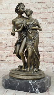 Art Nouveau Romantic Couple Original Bronze Statue - 15" x 8": Art Nouveau Romantic Couple Original Bronze Statue - 15" x 8" This captivating bronze sculpture portrays a tender moment between two lovers. The young woman, hurt by her love, hesitantly off