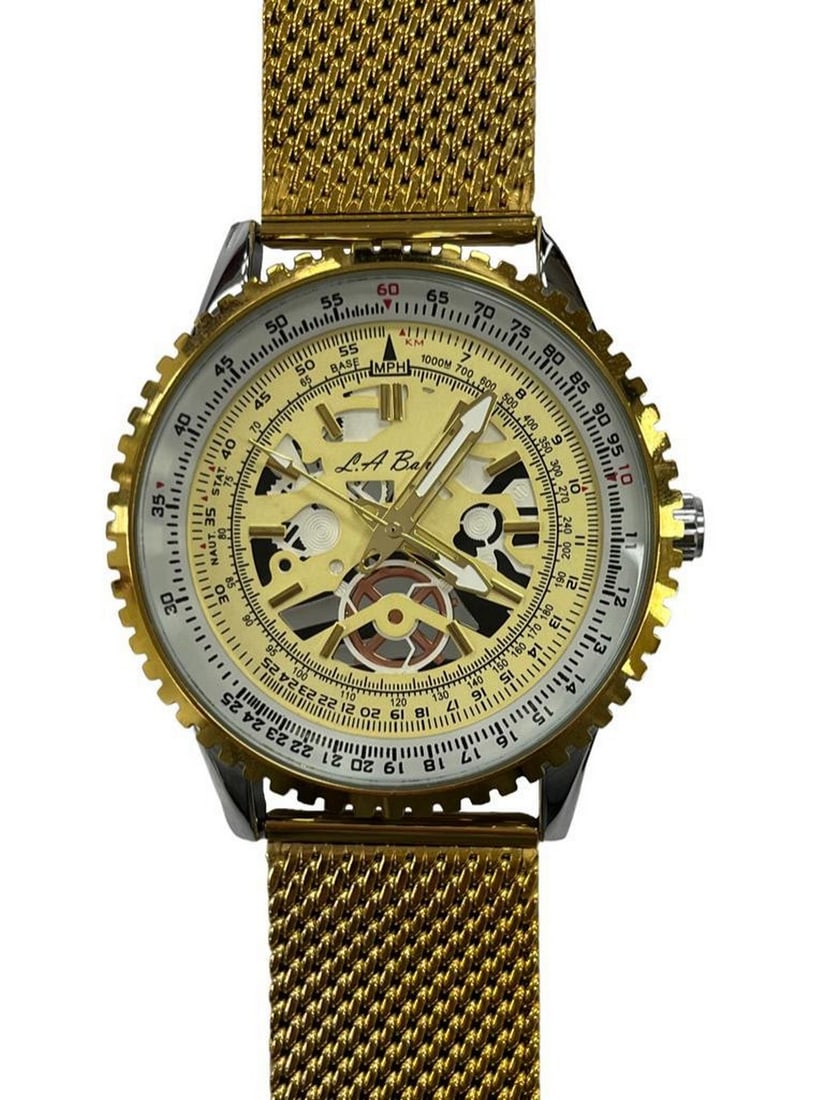LA Banus Gold Skeleton Dial Watch Japanese Quartz Shark Mesh (1 of 2)