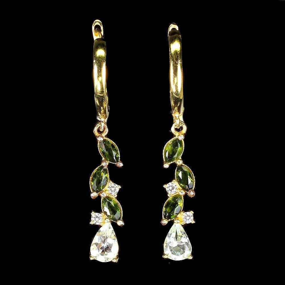Pear Aquamarine (7x5mm) with Chrome Diopside CZ Gemstone 925 Sterling Silver Dangle/Drop Earrings (1 of 3)