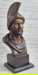 Large Auguste Moreau Greek / Roman Soldier Bust - Vintage Bronze Sculpture 19" x 11": A Roman warrior is frozen in time with this bust sculpture. He has the aged face of war, struggle and survival. He carries the burden of being a husband, father, protector, soldier and leader. The mir