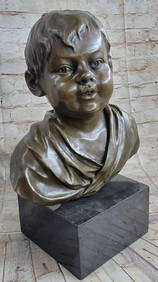 Large Original Bronze Bust Sculpture Of Young Boy On Marble Base Signed Milo - 27lbs (1 of 9)