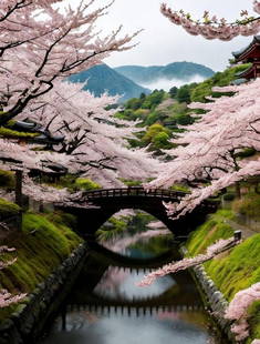 Whispers Beneath the Blossoms: "Whispers Beneath the Blossoms" A gentle stream winds under a quiet stone bridge, embraced on all sides by blooming cherry trees whose soft petals rain down like delicate confessions of sprin