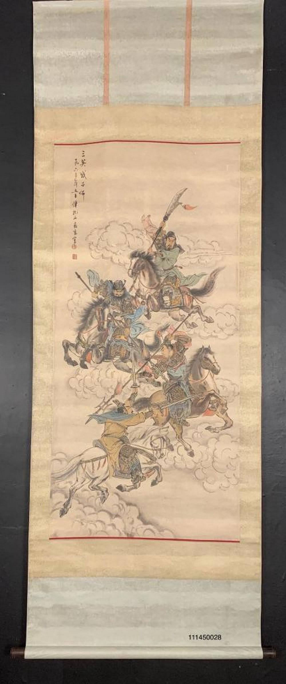 Three Heroes Battling Lu Bu Hand-Painted Scroll: Three Heroes Battling Lu Bu Hand-Painted Scroll This dynamic handpainted scroll inspired by renowned Chinese artist Fu Baoshi vividly captures the legendary scene of Three Heroes Battling Lu Bu, draw