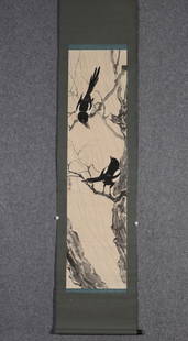 Xu Beihong Birds on Branch Scroll: Xu Beihong Birds on Branch Scroll A captivating scroll by Xu Beihong, featuring his signature depiction of birds perched on branches. The detailed brushwork and lifelike portrayal of the birds showc