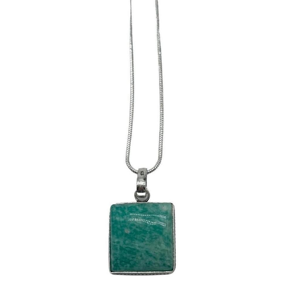 Teal Amazonite Square Necklace Pendant: Teal Amazonite Square Necklace Pendant This gorgeous teal necklace pendant is made of a stunning square Amazonite and is plated with 925 Silver. The pendant is 1.5" in size and the chain is 18