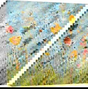 Jounce Canvas Reproduction By Jill Martin: Jounce Canvas Reproduction By Jill Martin  A vertical abstract landscape painting of loosely painted flowers and grass that reminiscent of a spring day.  Width: 16 inches Height: 16 inches  View photo