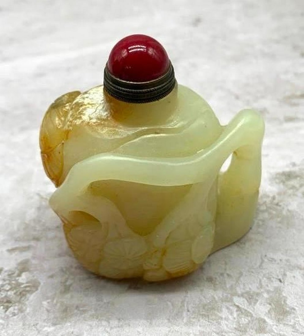 White Jade Snuff Bottle with Carved Tree Design and Red Lid (1 of 9)