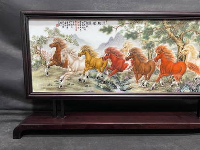 Bi Botao Famille Rose "Eight Horses Heroes" Plaque Celebrating the 10th Anniversary of the PRC: Bi Botao Famille Rose "Eight Horses Heroes" Plaque Celebrating the 10th Anniversary of the PRC A distinguished famille rose porcelain plaque hand-painted by Bi Botao, a prominent member of th