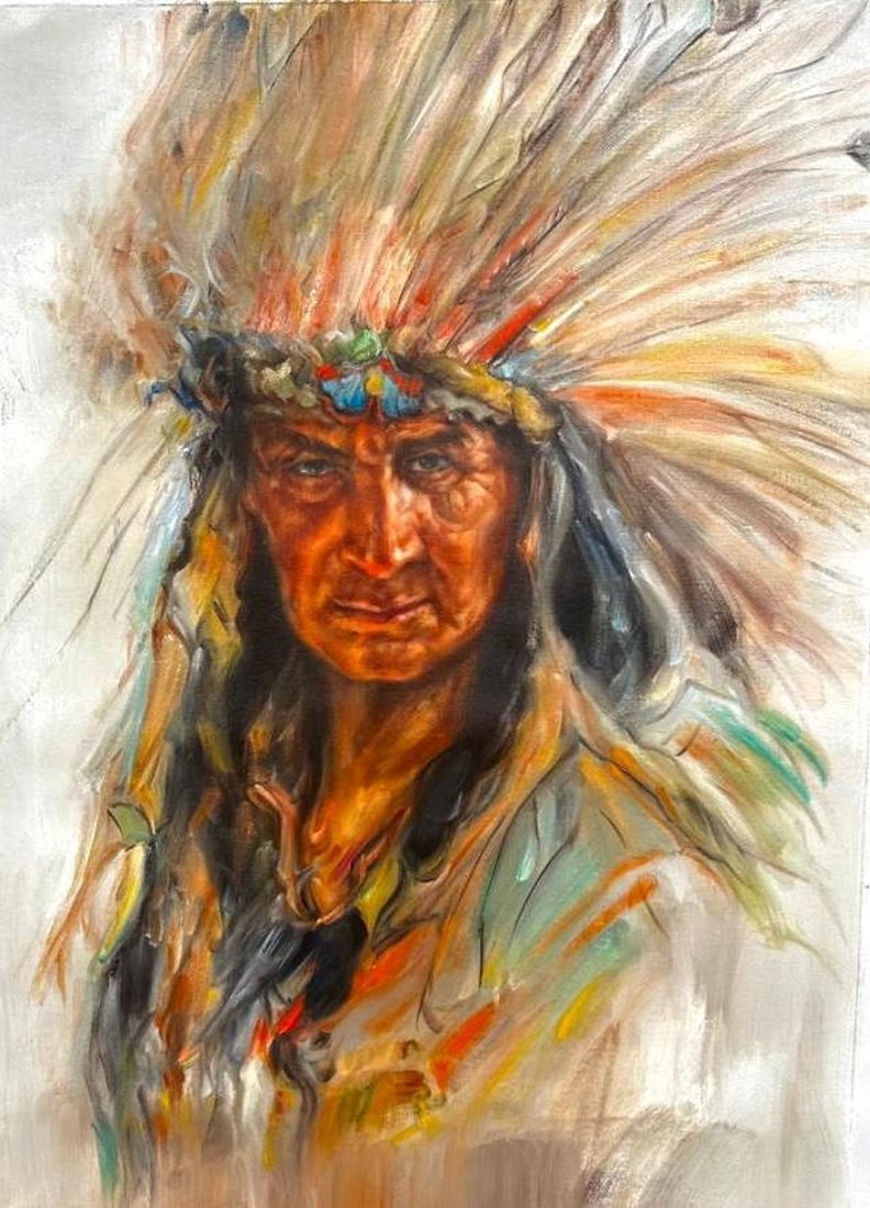 Original 20" X 28" Acrylic Of Indigenous Chief Inspired By Nicholas Raphael de Grandmaison, CM, (1 of 7)