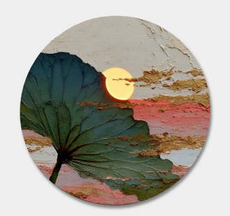 Fading Light Lotus Round Canvas Painting: Fading Light Lotus Round Canvas Painting Embracing the Wabi-Sabi aesthetic, Fading Light Lotus reflects the quiet beauty of impermanence through the soft glow of a sunset and the delicate presence